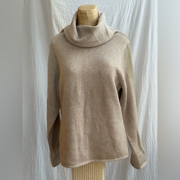 Magaschoni Sweaters - M-A-G by Magaschoni Light Tan Cowl Neck Sweater w/Leather on Sleeves